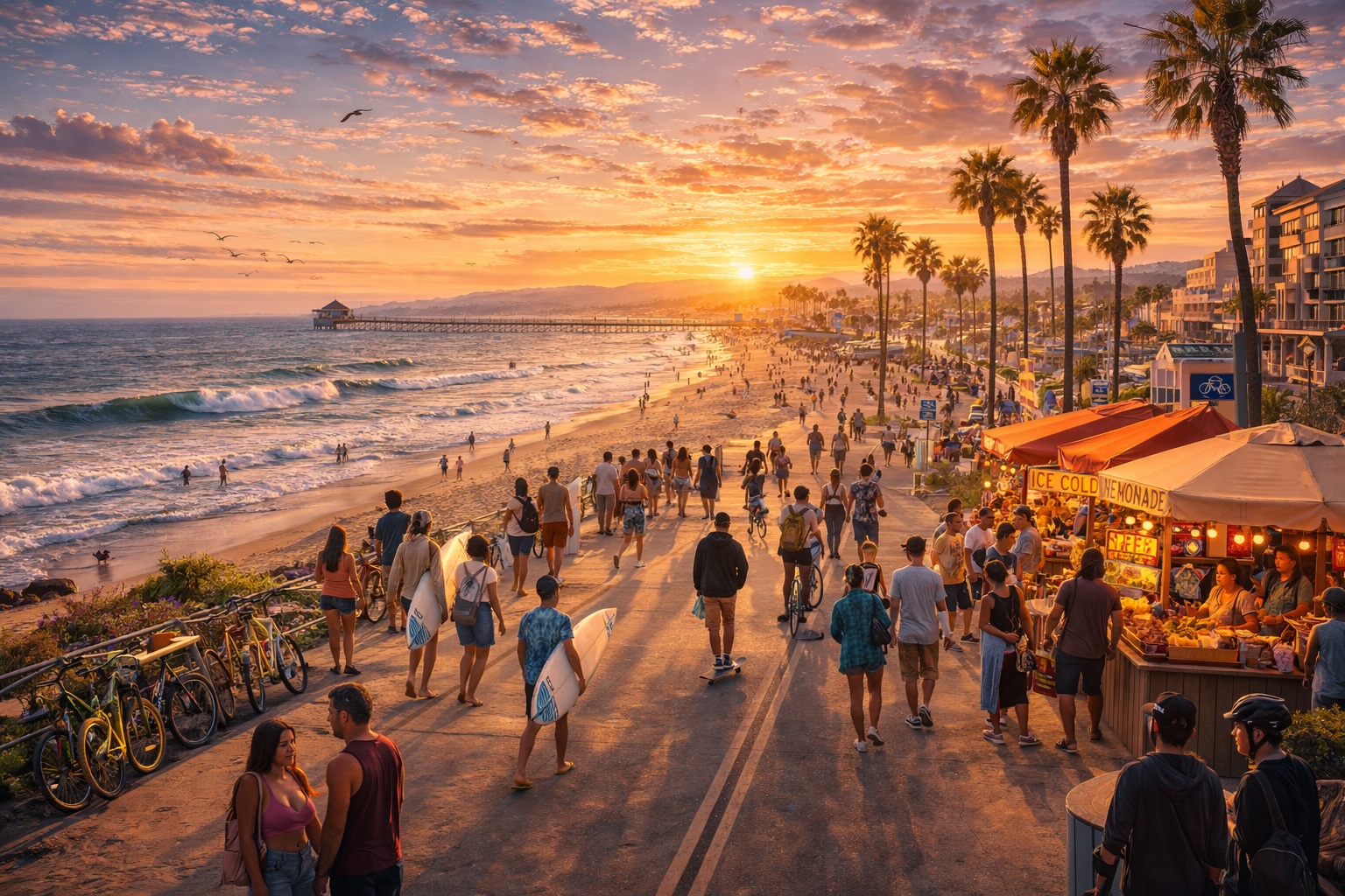 Pacific Coast Curve community with beach, boardwalk, and gathering