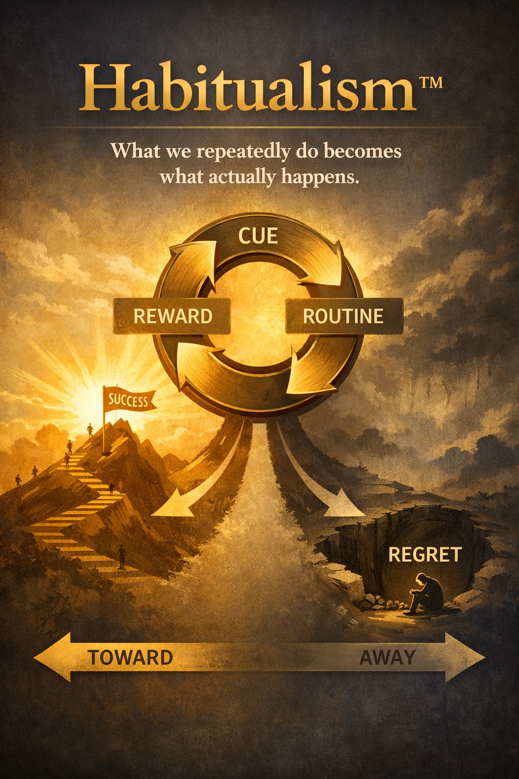 Habitualism visual showing repetition loop and outcome direction